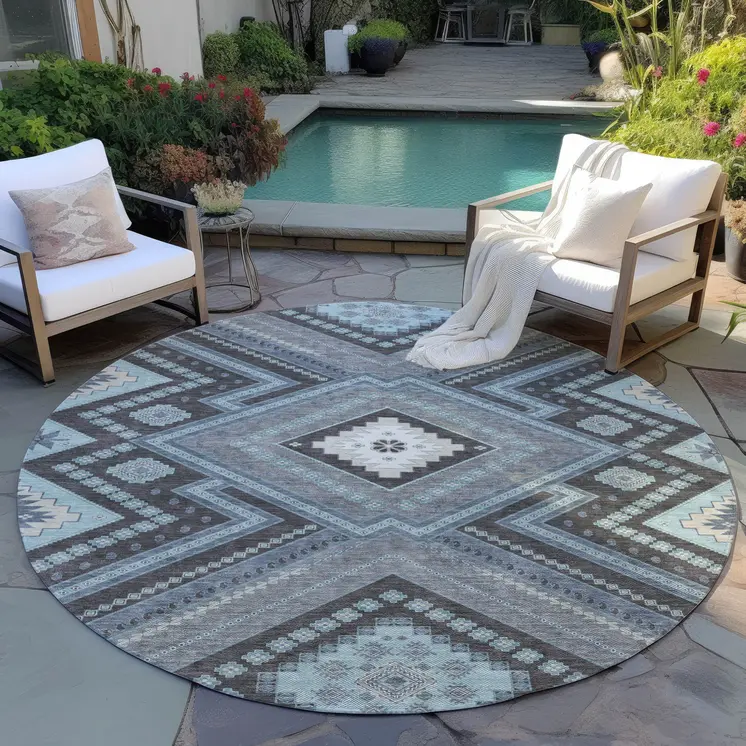 8' Pewter Charcoal And Sky Blue Round Tribal Washable Indoor Outdoor Area Rug