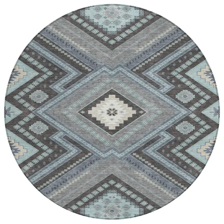 8' Pewter Charcoal And Sky Blue Round Tribal Washable Indoor Outdoor Area Rug