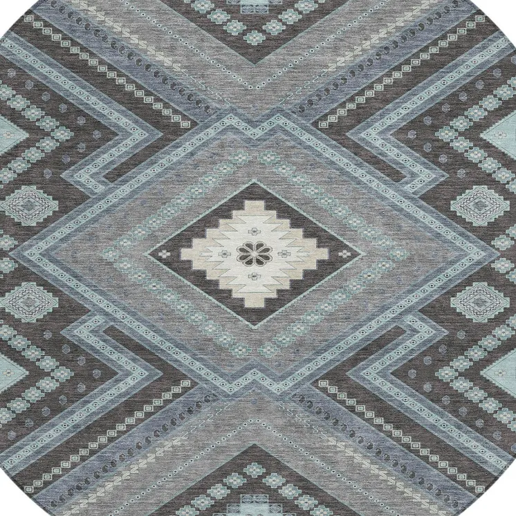 8' Pewter Charcoal And Sky Blue Round Tribal Washable Indoor Outdoor Area Rug