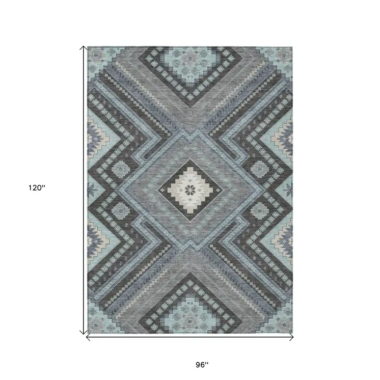 8' X 10' Pewter Charcoal And Sky Blue Tribal Washable Indoor Outdoor Area Rug