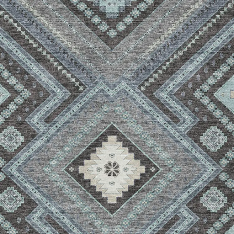 8' X 10' Pewter Charcoal And Sky Blue Tribal Washable Indoor Outdoor Area Rug
