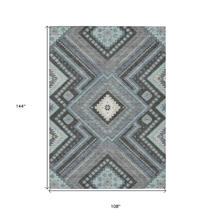 9' X 12' Pewter Charcoal And Sky Blue Tribal Washable Indoor Outdoor Area Rug
