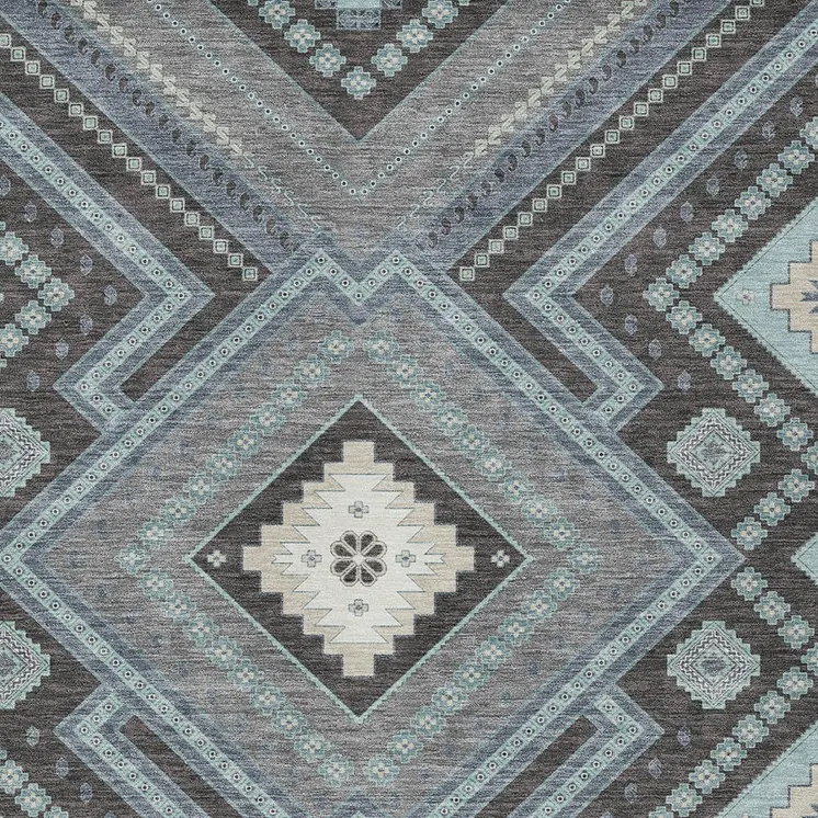 9' X 12' Pewter Charcoal And Sky Blue Tribal Washable Indoor Outdoor Area Rug