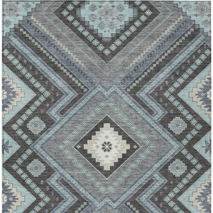 10' X 14' Pewter Charcoal And Sky Blue Tribal Washable Indoor Outdoor Area Rug