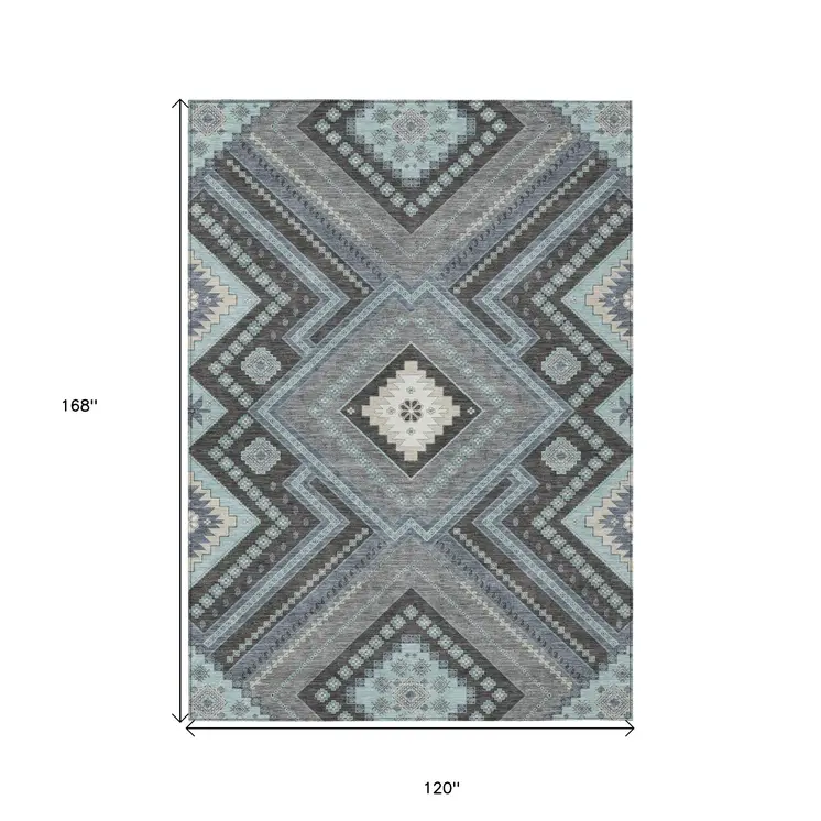 10' X 14' Pewter Charcoal And Sky Blue Tribal Washable Indoor Outdoor Area Rug
