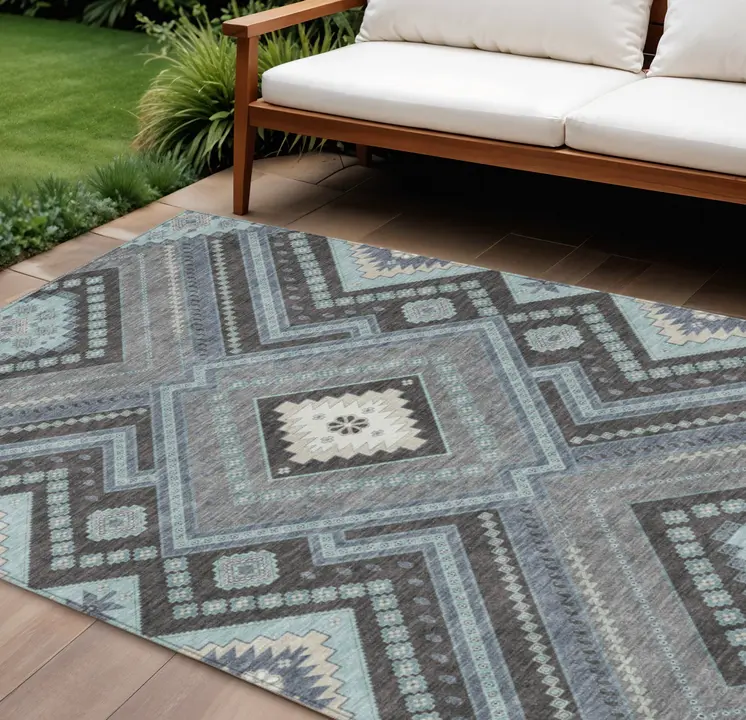 10' X 14' Pewter Charcoal And Sky Blue Tribal Washable Indoor Outdoor Area Rug