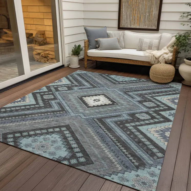 10' X 14' Pewter Charcoal And Sky Blue Tribal Washable Indoor Outdoor Area Rug
