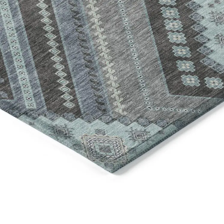 10' X 14' Pewter Charcoal And Sky Blue Tribal Washable Indoor Outdoor Area Rug