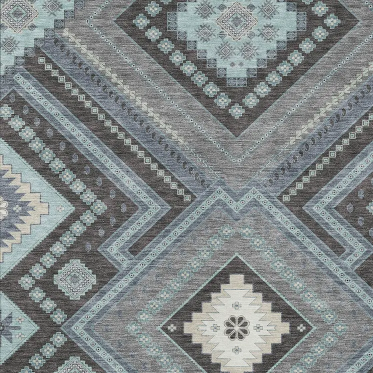 10' X 14' Pewter Charcoal And Sky Blue Tribal Washable Indoor Outdoor Area Rug