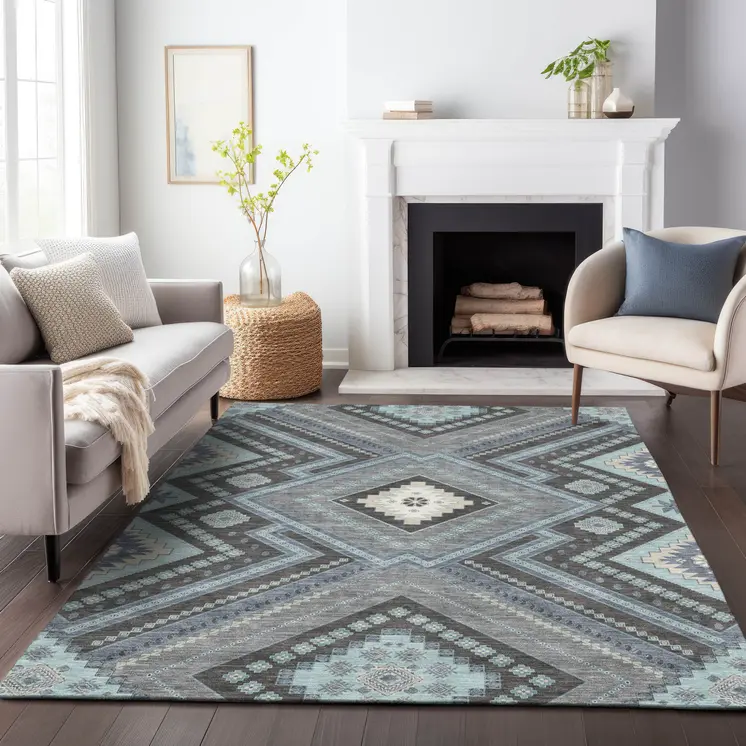 10' X 14' Pewter Charcoal And Sky Blue Tribal Washable Indoor Outdoor Area Rug
