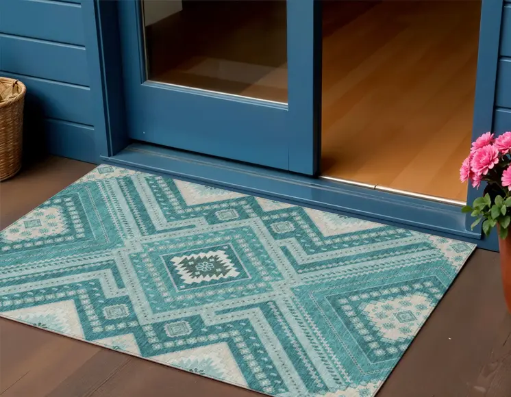 3' X 5' Teal Blue And Ivory Tribal Washable Indoor Outdoor Area Rug