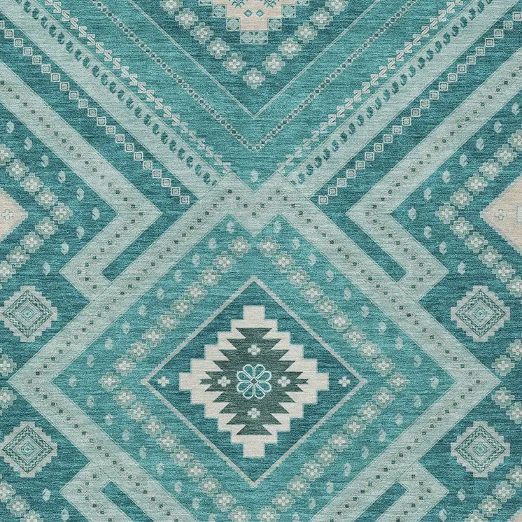 3' X 5' Teal Blue And Ivory Tribal Washable Indoor Outdoor Area Rug