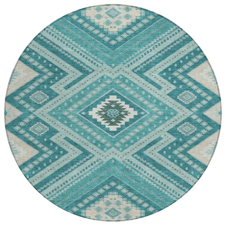 8' Teal Blue And Ivory Round Tribal Washable Indoor Outdoor Area Rug