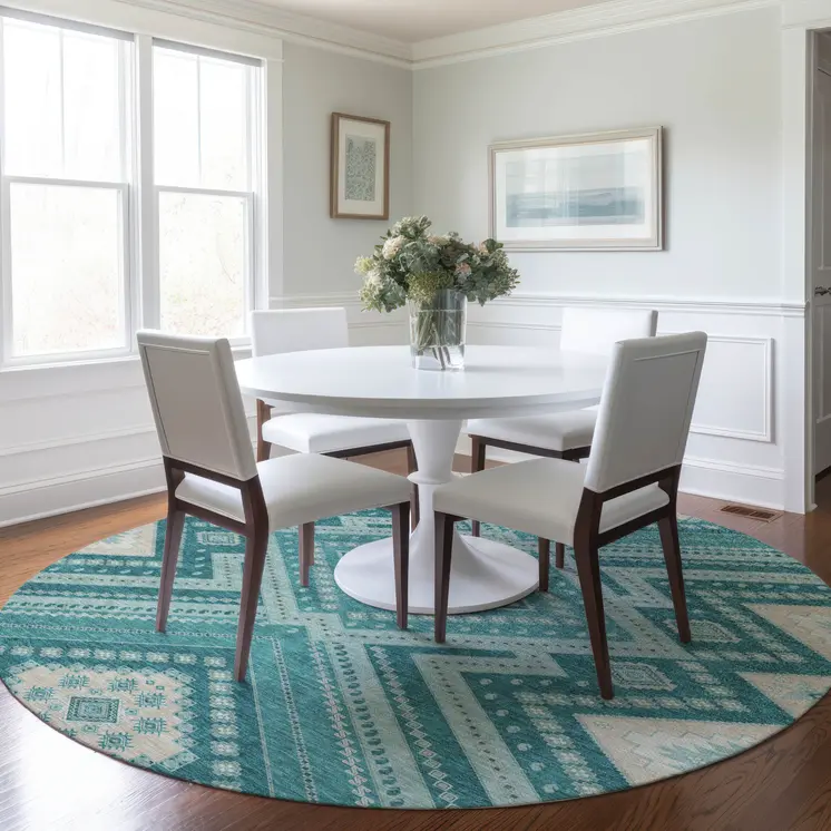 8' Teal Blue And Ivory Round Tribal Washable Indoor Outdoor Area Rug