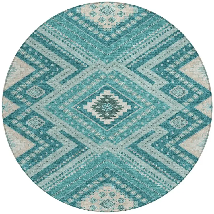 8' Teal Blue And Ivory Round Tribal Washable Indoor Outdoor Area Rug