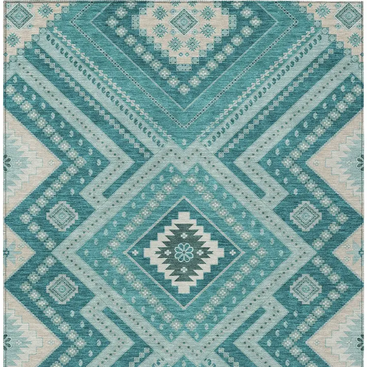 8' X 10' Teal Blue And Ivory Tribal Washable Indoor Outdoor Area Rug
