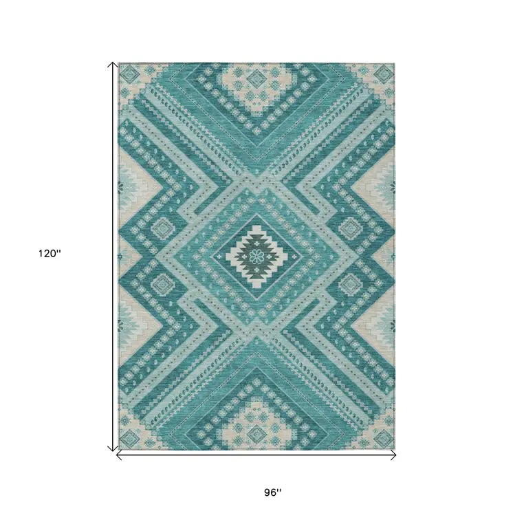 8' X 10' Teal Blue And Ivory Tribal Washable Indoor Outdoor Area Rug