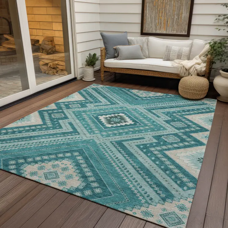 8' X 10' Teal Blue And Ivory Tribal Washable Indoor Outdoor Area Rug