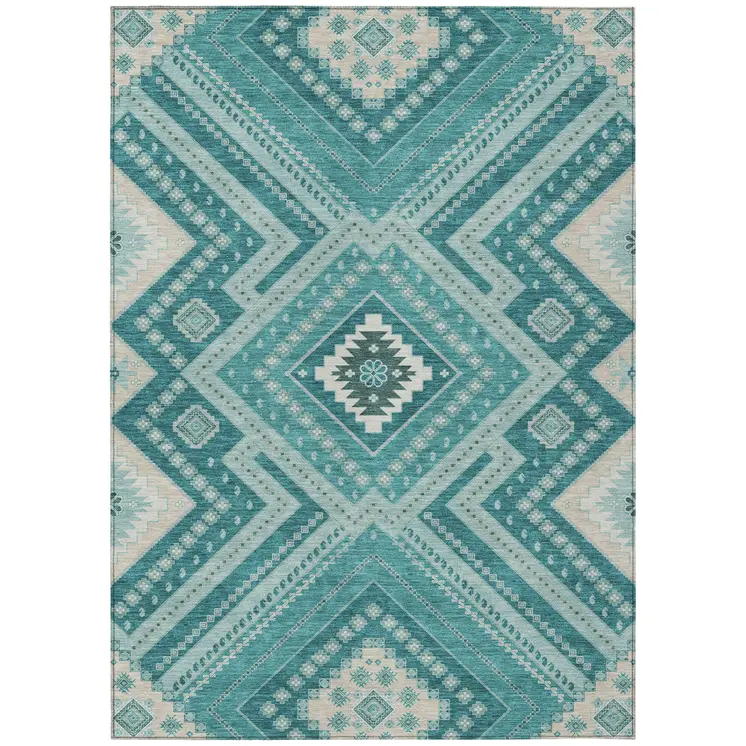8' X 10' Teal Blue And Ivory Tribal Washable Indoor Outdoor Area Rug