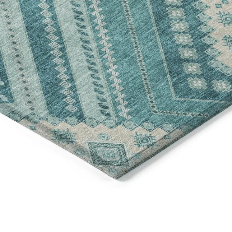 8' X 10' Teal Blue And Ivory Tribal Washable Indoor Outdoor Area Rug