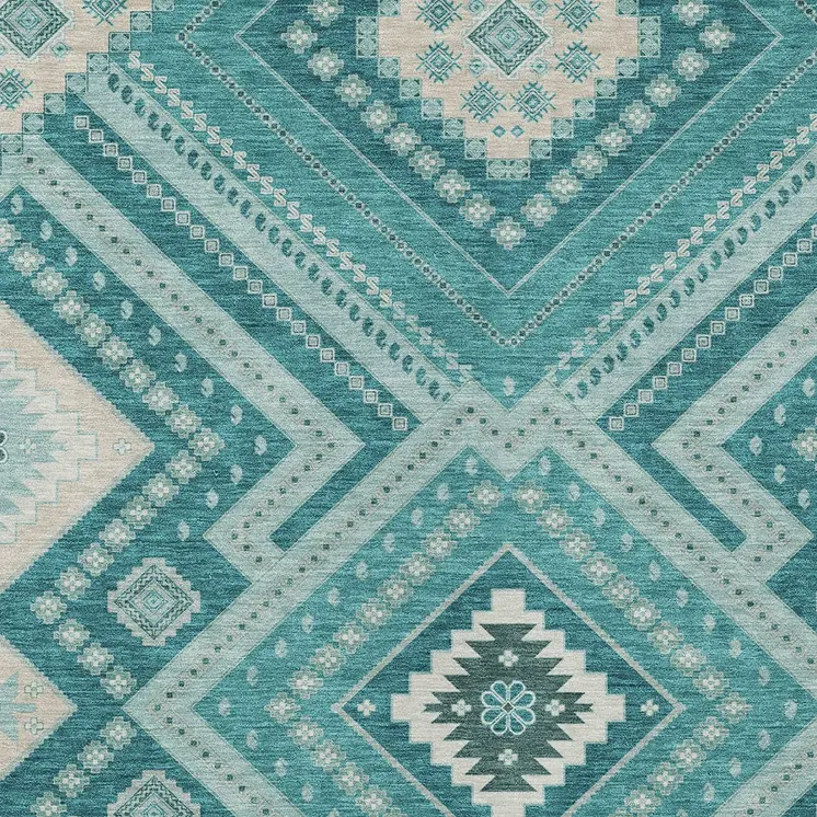 8' X 10' Teal Blue And Ivory Tribal Washable Indoor Outdoor Area Rug