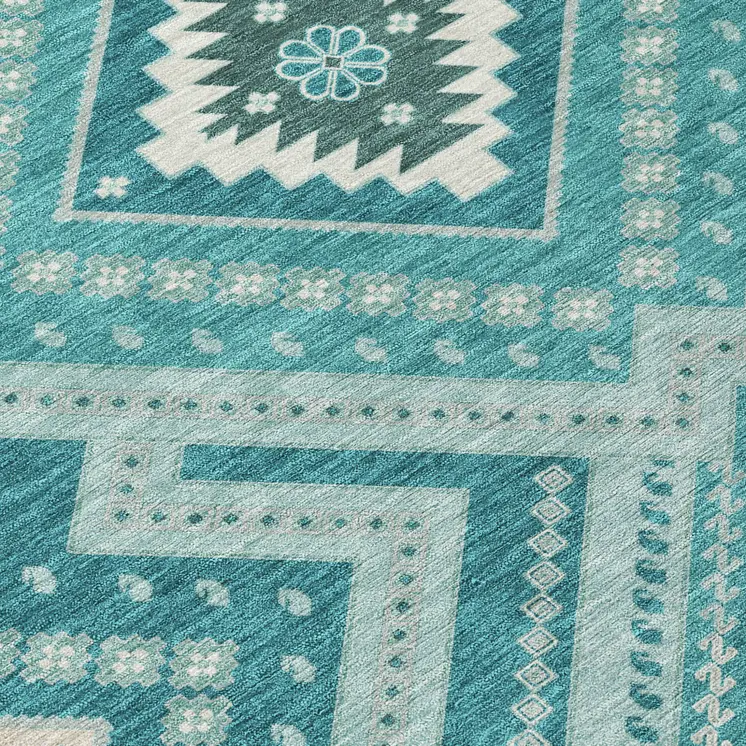 8' X 10' Teal Blue And Ivory Tribal Washable Indoor Outdoor Area Rug