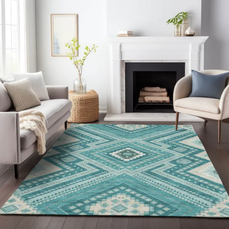 8' X 10' Teal Blue And Ivory Tribal Washable Indoor Outdoor Area Rug