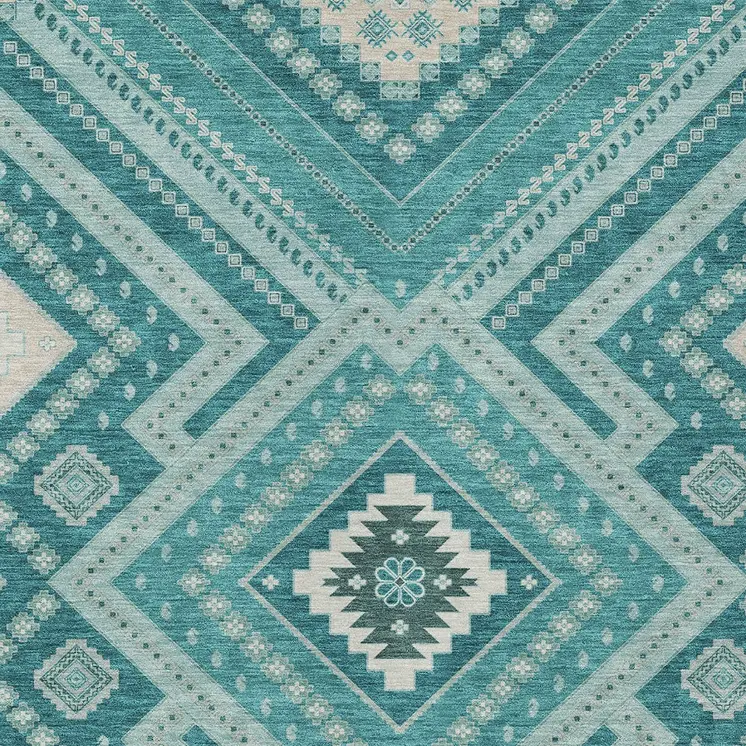 10' X 14' Teal Blue And Ivory Tribal Washable Indoor Outdoor Area Rug