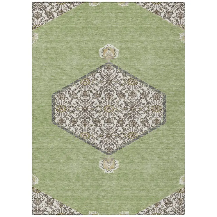 3' X 5' Artichoke Green Beige And Ivory Oriental Washable Indoor Outdoor Area Rug