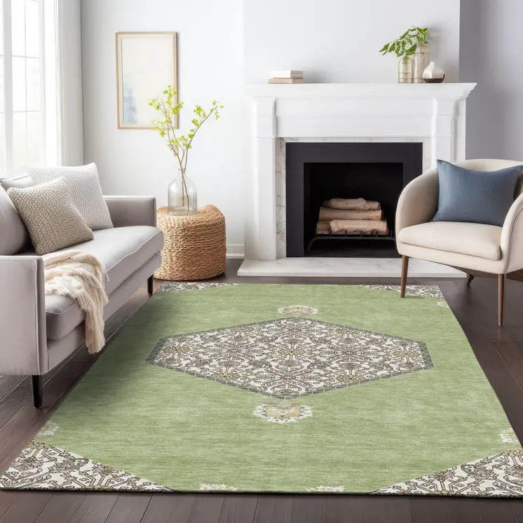 3' X 5' Artichoke Green Beige And Ivory Oriental Washable Indoor Outdoor Area Rug
