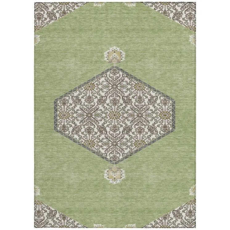 5' X 8' Artichoke Green Beige And Ivory Oriental Washable Indoor Outdoor Area Rug