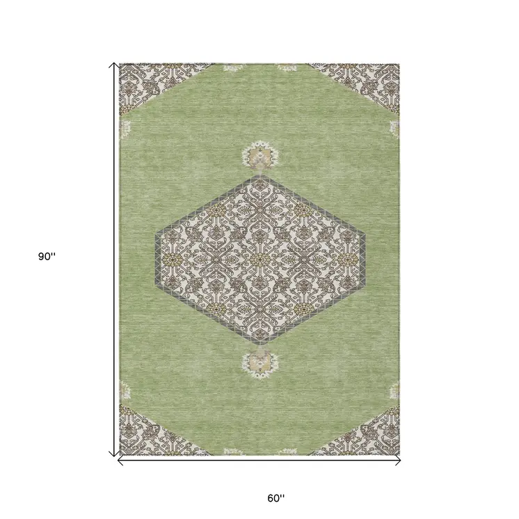 5' X 8' Artichoke Green Beige And Ivory Oriental Washable Indoor Outdoor Area Rug
