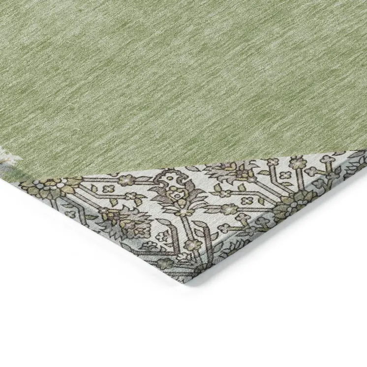5' X 8' Artichoke Green Beige And Ivory Oriental Washable Indoor Outdoor Area Rug