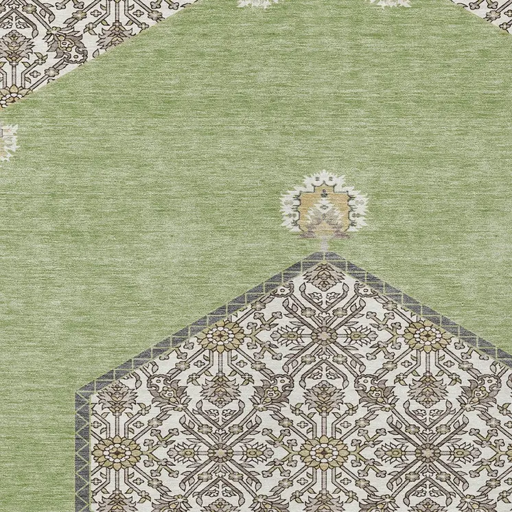 5' X 8' Artichoke Green Beige And Ivory Oriental Washable Indoor Outdoor Area Rug