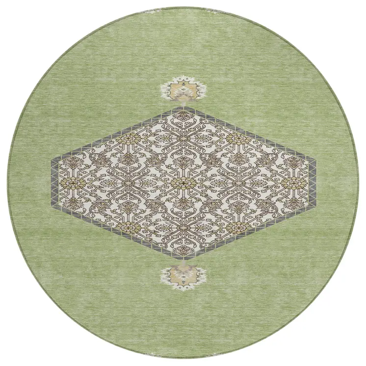 8' Artichoke Green Beige And Ivory Round Oriental Washable Indoor Outdoor Area Rug