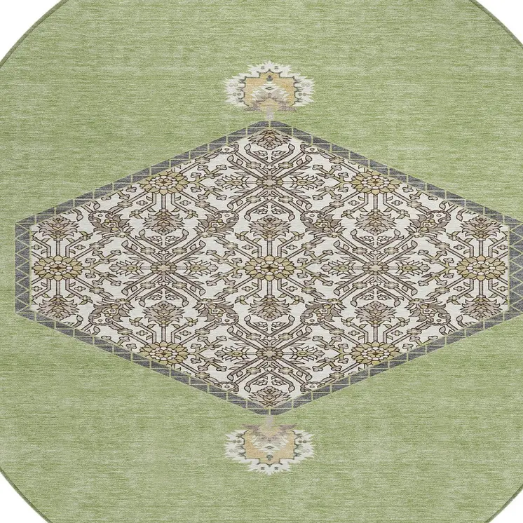 8' Artichoke Green Beige And Ivory Round Oriental Washable Indoor Outdoor Area Rug