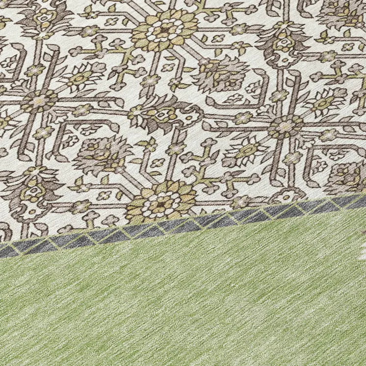 8' Artichoke Green Beige And Ivory Round Oriental Washable Indoor Outdoor Area Rug