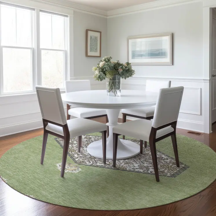 8' Artichoke Green Beige And Ivory Round Oriental Washable Indoor Outdoor Area Rug