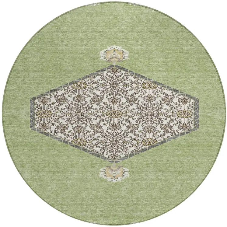 8' Artichoke Green Beige And Ivory Round Oriental Washable Indoor Outdoor Area Rug