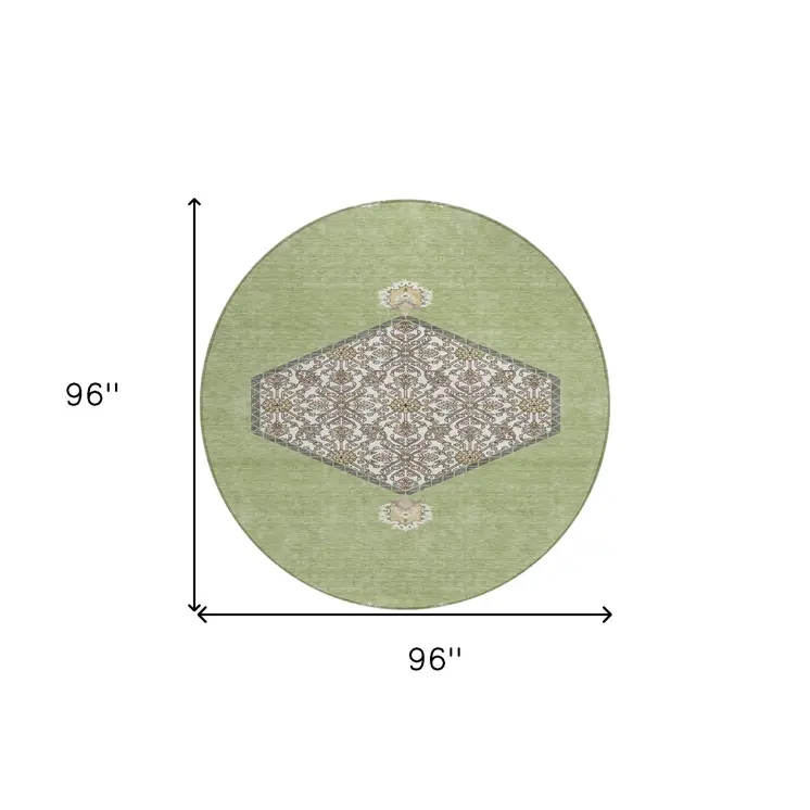 8' Artichoke Green Beige And Ivory Round Oriental Washable Indoor Outdoor Area Rug