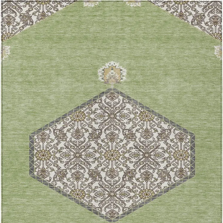 8' X 10' Artichoke Green Beige And Ivory Oriental Washable Indoor Outdoor Area Rug