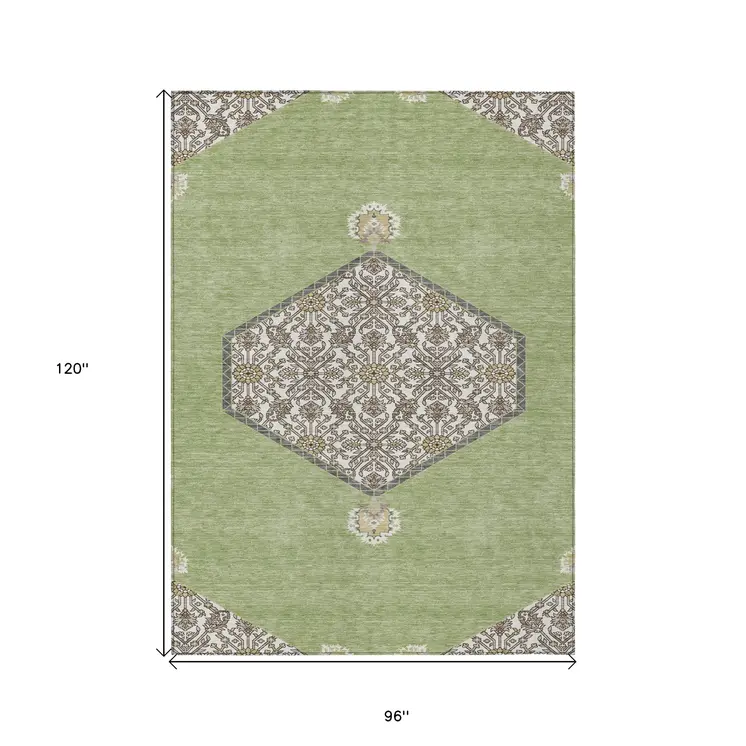 8' X 10' Artichoke Green Beige And Ivory Oriental Washable Indoor Outdoor Area Rug