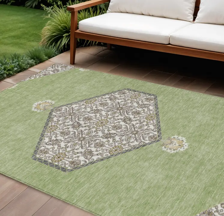 10' X 14' Artichoke Green Beige And Ivory Oriental Washable Indoor Outdoor Area Rug