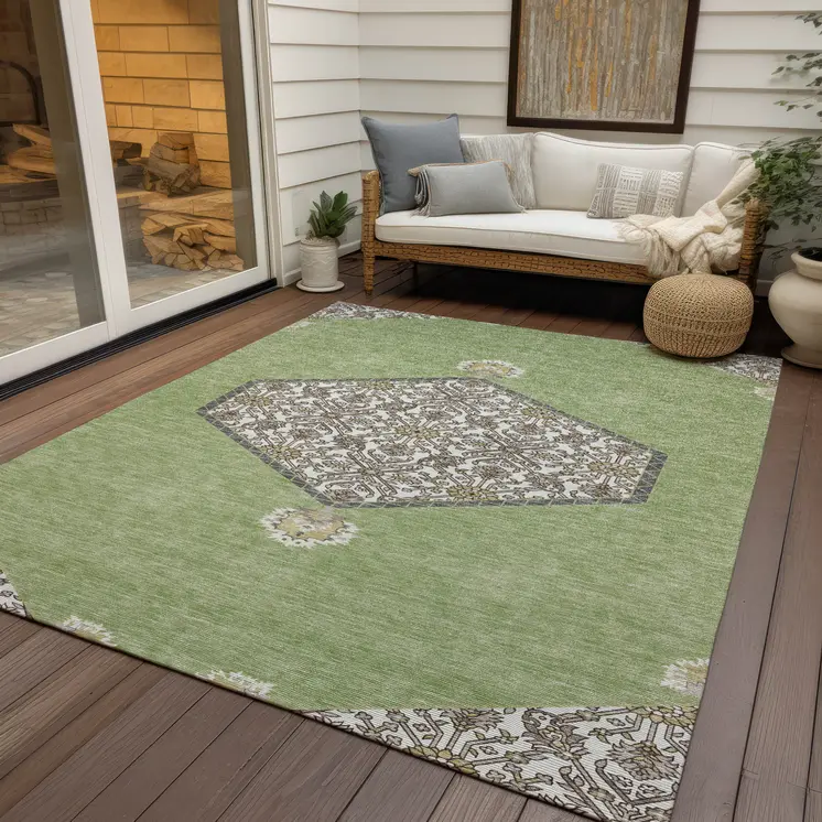10' X 14' Artichoke Green Beige And Ivory Oriental Washable Indoor Outdoor Area Rug