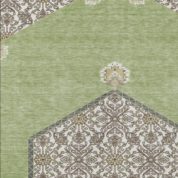 10' X 14' Artichoke Green Beige And Ivory Oriental Washable Indoor Outdoor Area Rug