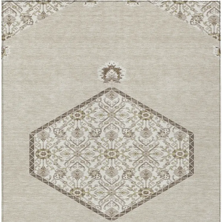 5' X 8' Beige Brown And Ivory Oriental Washable Indoor Outdoor Area Rug