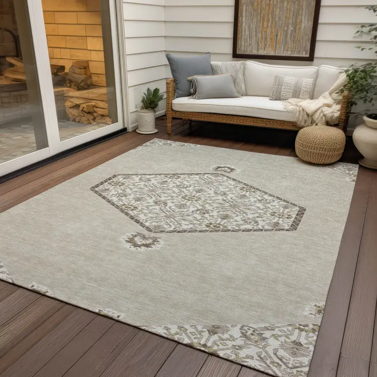 5' X 8' Beige Brown And Ivory Oriental Washable Indoor Outdoor Area Rug