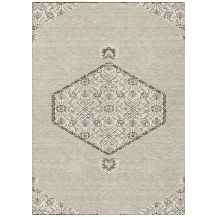 5' X 8' Beige Brown And Ivory Oriental Washable Indoor Outdoor Area Rug