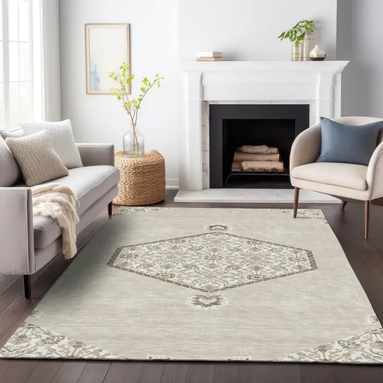 5' X 8' Beige Brown And Ivory Oriental Washable Indoor Outdoor Area Rug