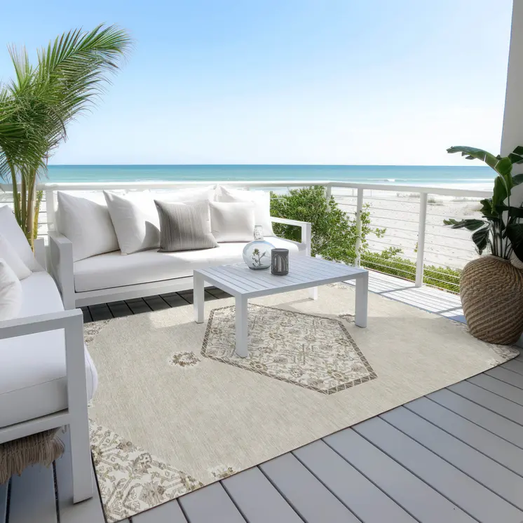 5' X 8' Beige Brown And Ivory Oriental Washable Indoor Outdoor Area Rug